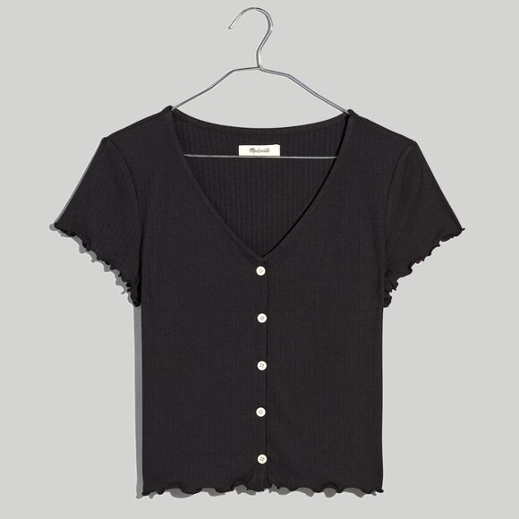Madewell Ribbed Button-Front V-Neck Tee in True Black (Size XXS) - Picture 1 of 10